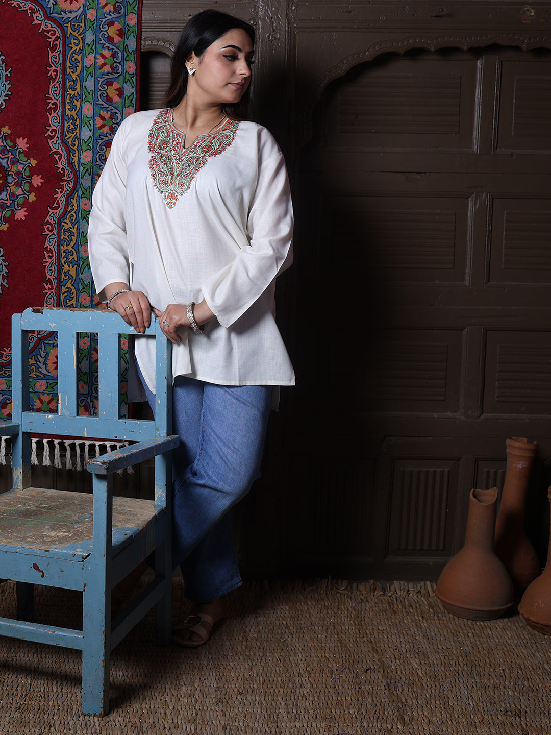 Cream Rust Paisley Aari Embroidered Kashmiri Cotton Top