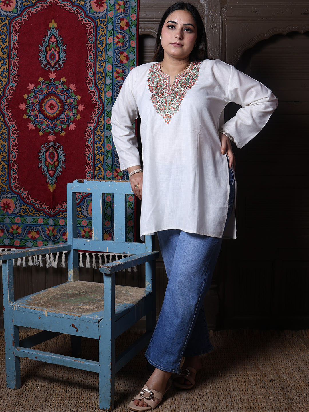 Cream Rust Paisley Aari Embroidered Kashmiri Cotton Top
