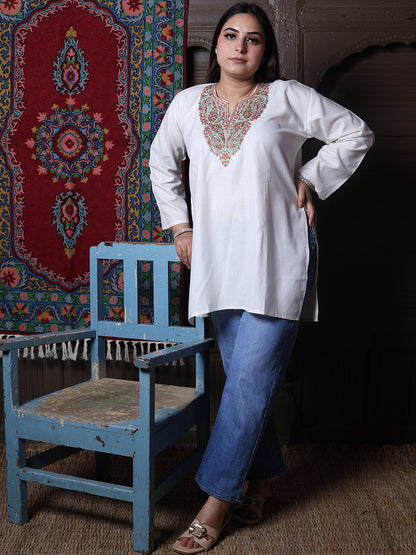 Cream Rust Paisley Aari Embroidered Kashmiri Cotton Top
