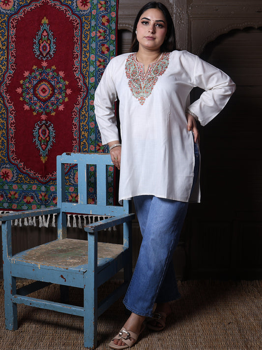 Cream Rust Paisley Aari Embroidered Kashmiri Cotton Top