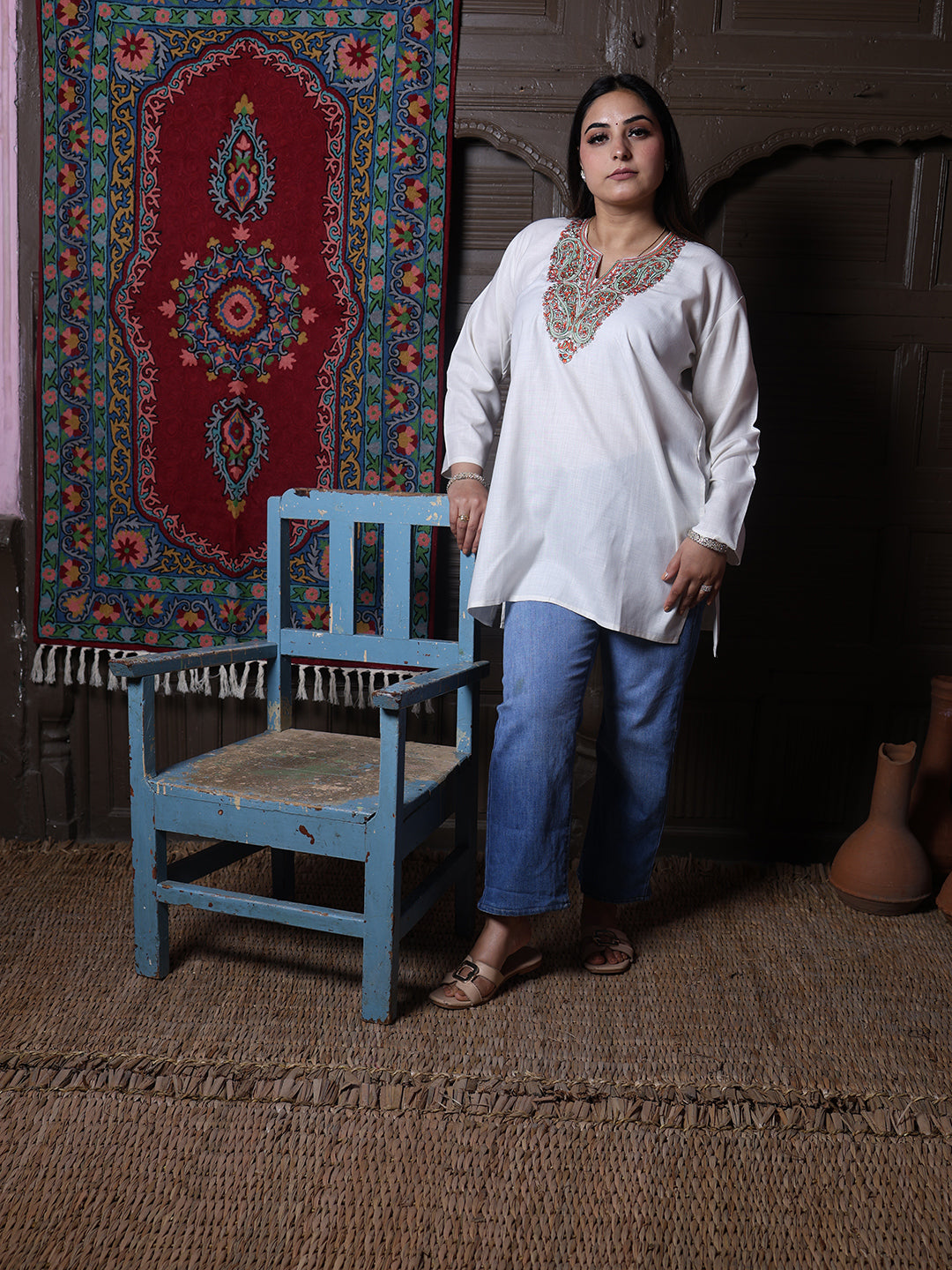 Cream Rust Paisley Aari Embroidered Kashmiri Cotton Top