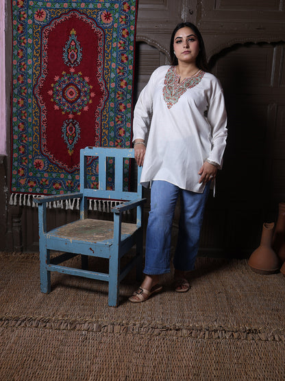 Cream Rust Paisley Aari Embroidered Kashmiri Cotton Top