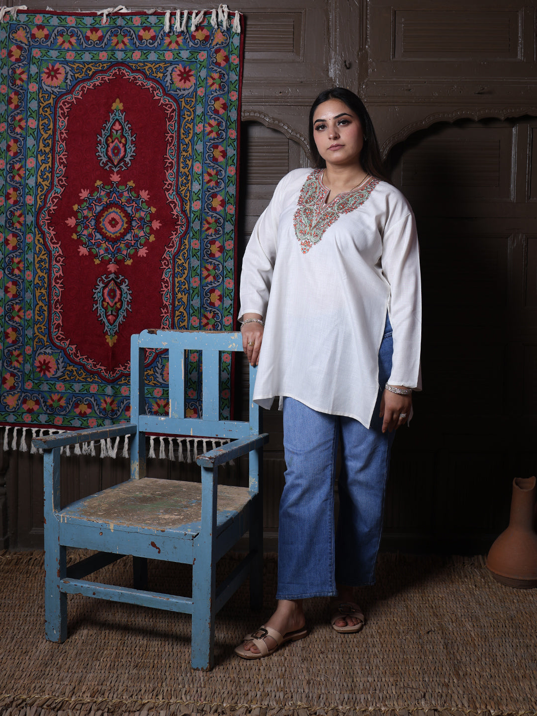 Cream Rust Paisley Aari Embroidered Kashmiri Cotton Top