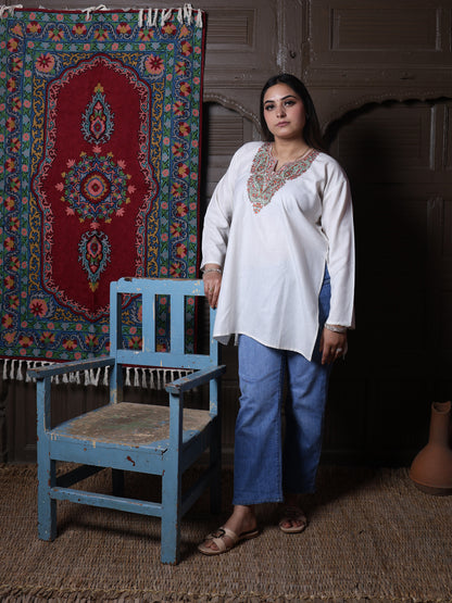 Cream Rust Paisley Aari Embroidered Kashmiri Cotton Top