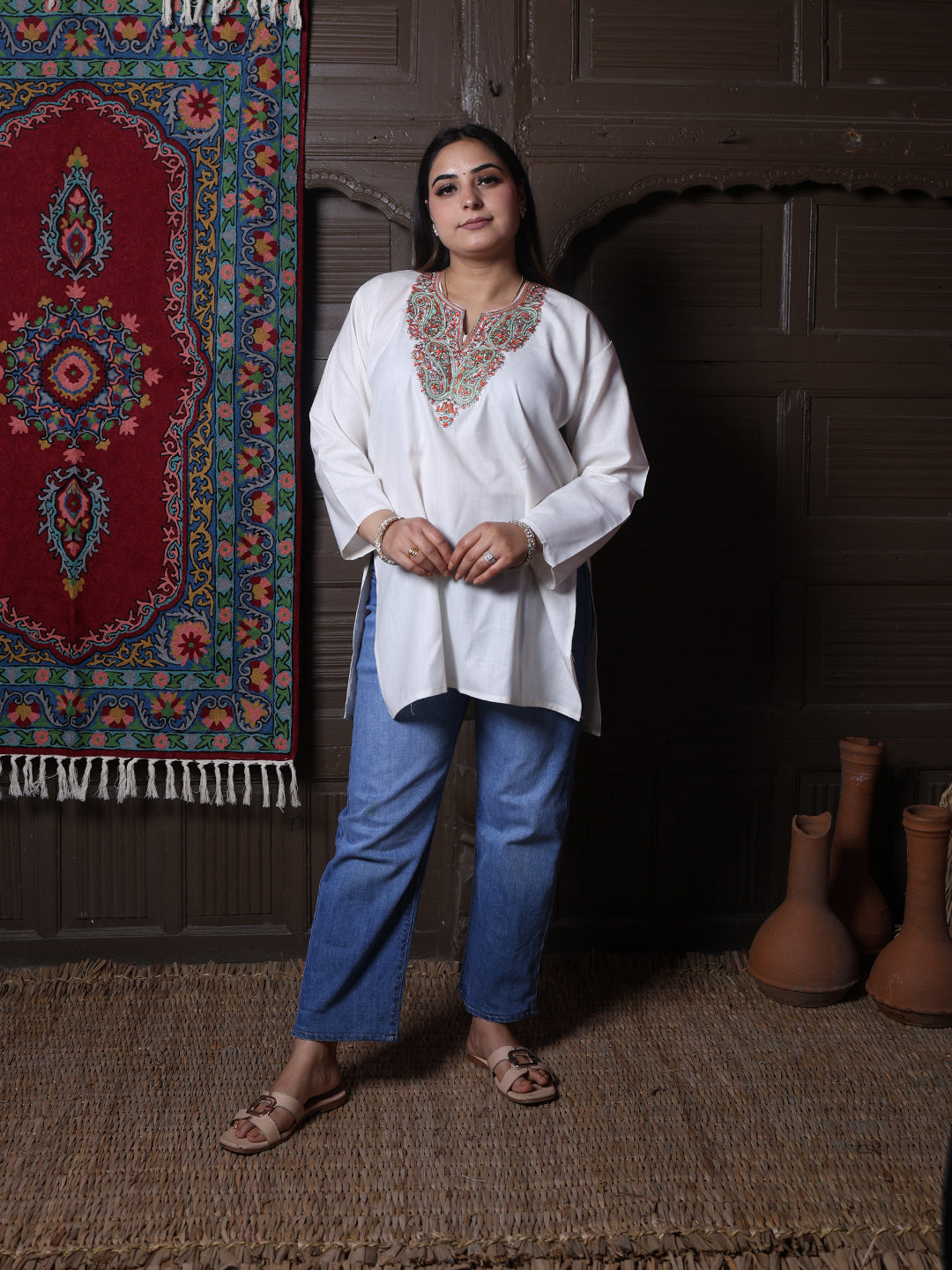 Cream Rust Paisley Aari Embroidered Kashmiri Cotton Top