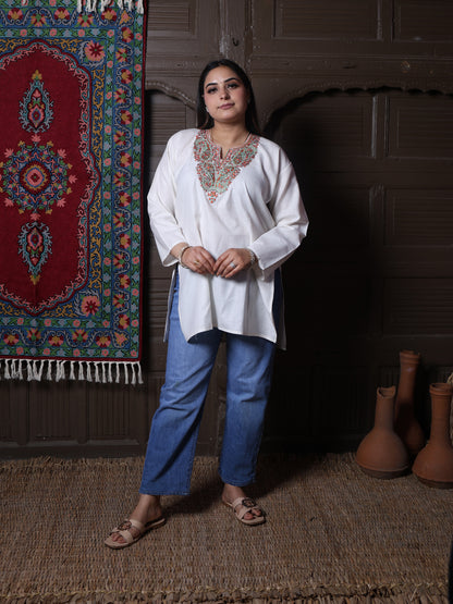 Cream Rust Paisley Aari Embroidered Kashmiri Cotton Top