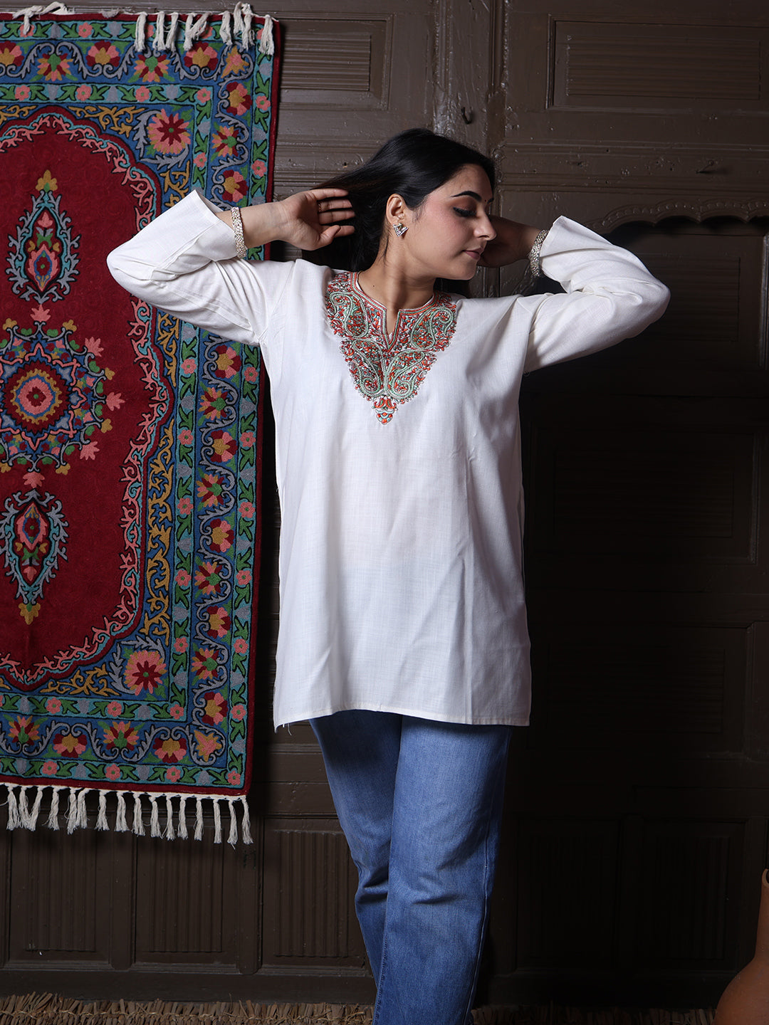 Cream Rust Paisley Aari Embroidered Kashmiri Cotton Top