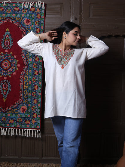 Cream Rust Paisley Aari Embroidered Kashmiri Cotton Top