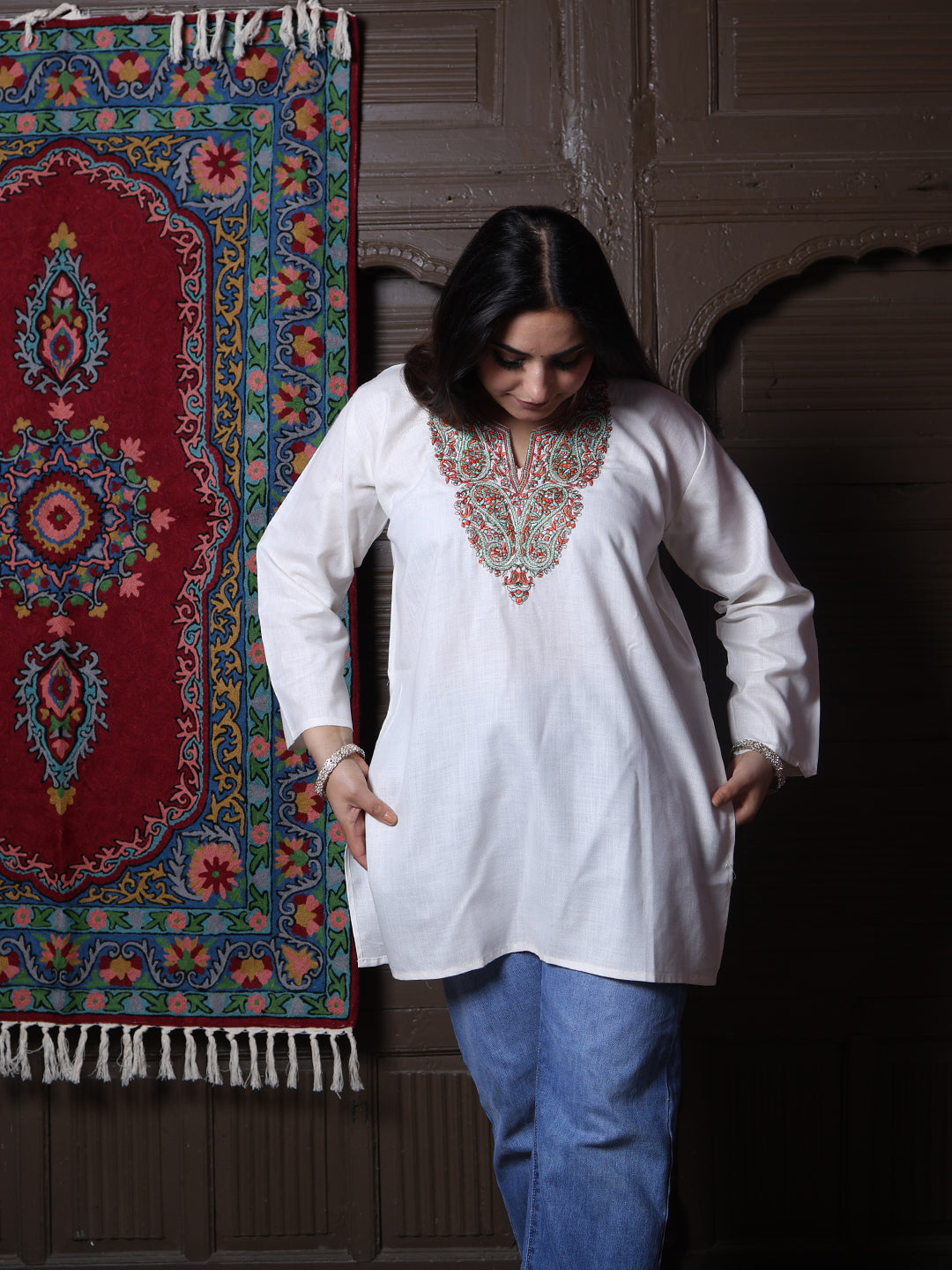 Cream Rust Paisley Aari Embroidered Kashmiri Cotton Top