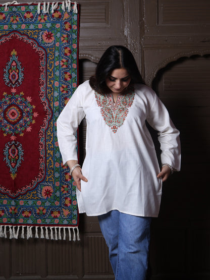 Cream Rust Paisley Aari Embroidered Kashmiri Cotton Top