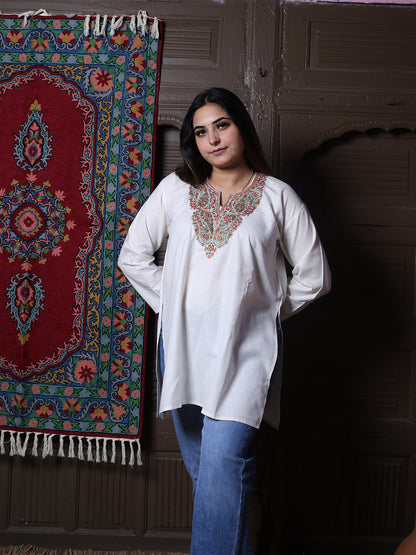 Cream Rust Paisley Aari Embroidered Kashmiri Cotton Top