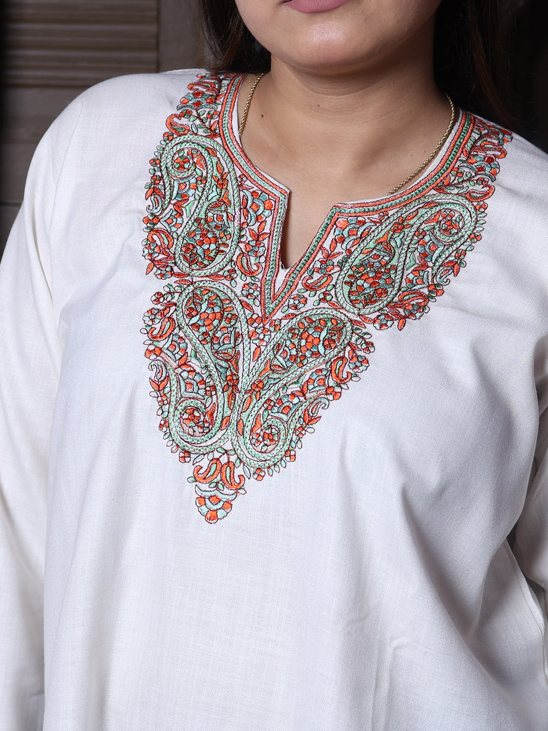 Cream Rust Paisley Aari Embroidered Kashmiri Cotton Top