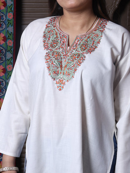Cream Rust Paisley Aari Embroidered Kashmiri Cotton Top