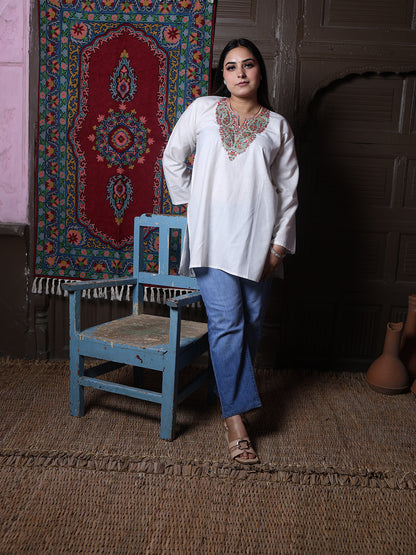 Cream Rust Paisley Aari Embroidered Kashmiri Cotton Top