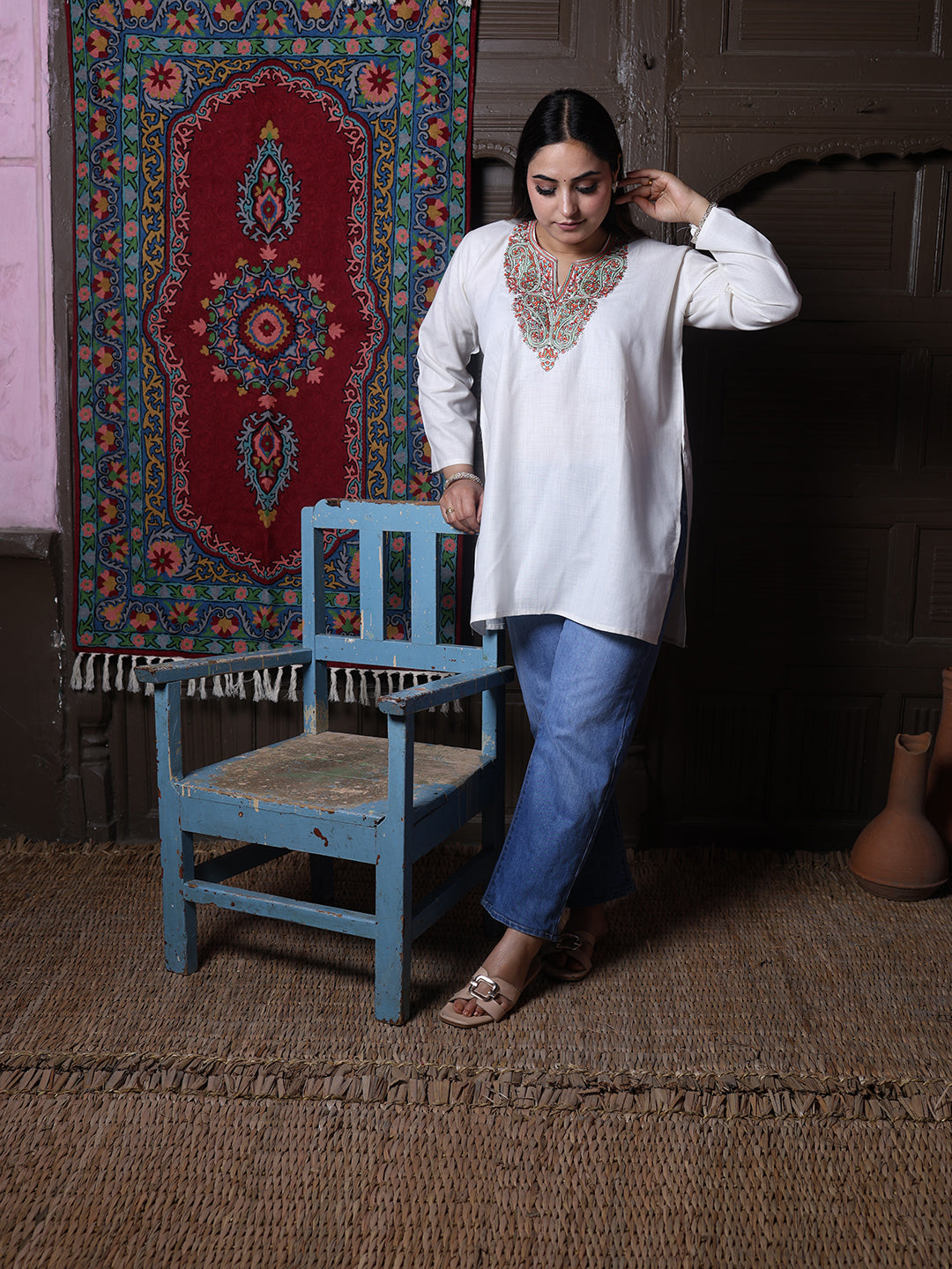 Cream Rust Paisley Aari Embroidered Kashmiri Cotton Top