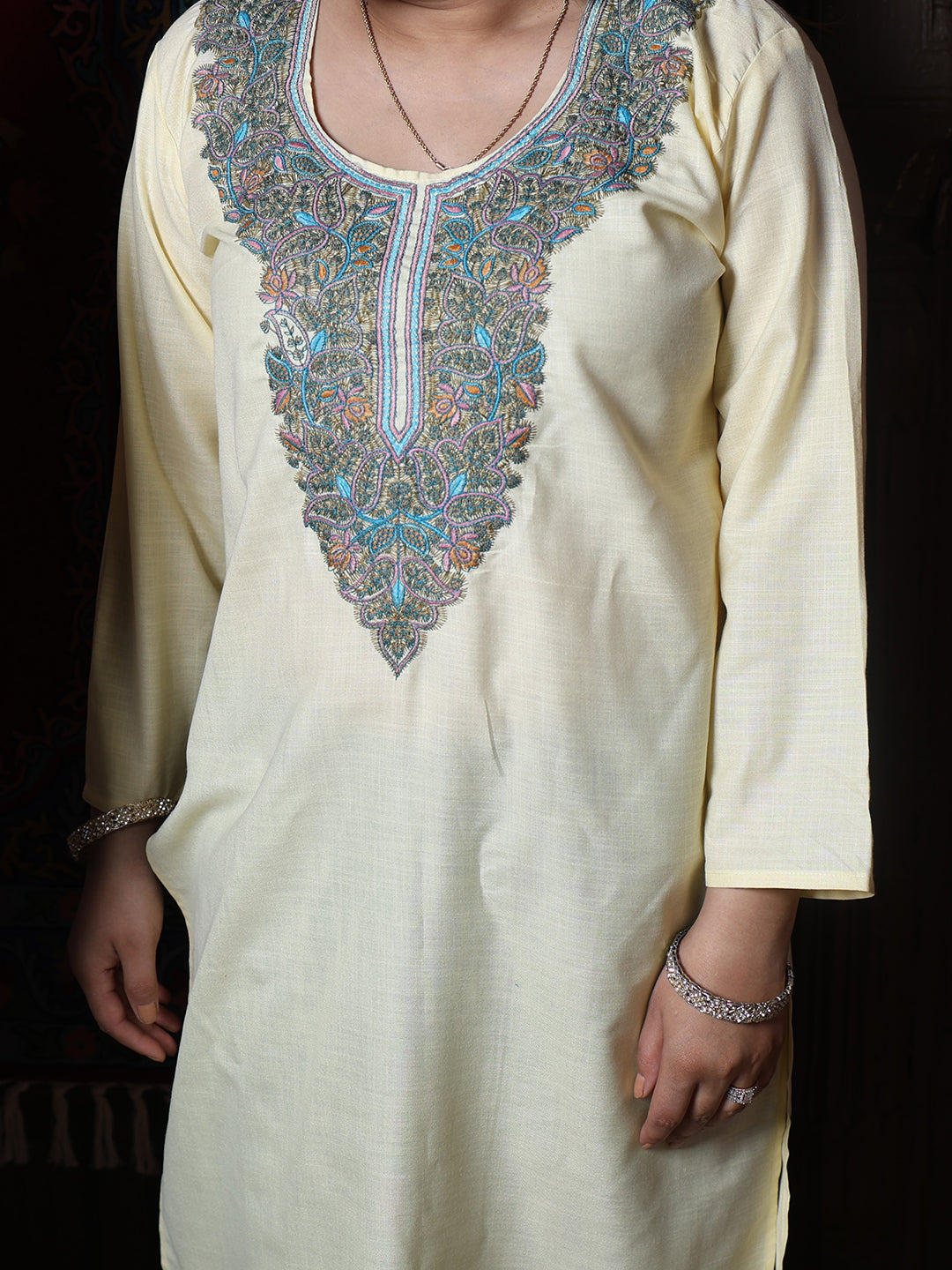 Butter Yellow Teal Aari Embroidered Kashmiri Cotton Kurti
