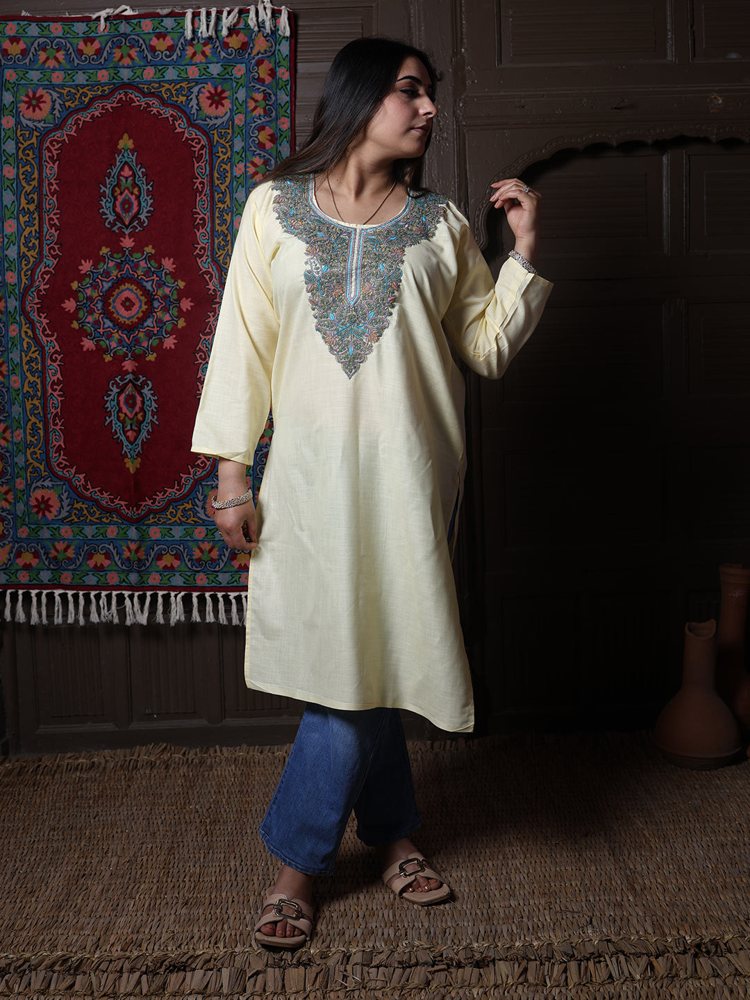 Butter Yellow Teal Aari Embroidered Kashmiri Cotton Kurti