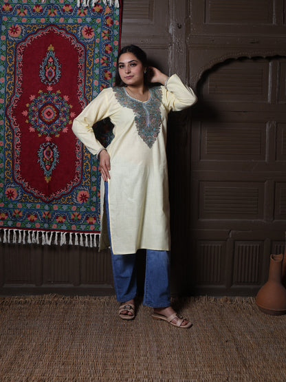 Butter Yellow Teal Aari Embroidered Kashmiri Cotton Kurti