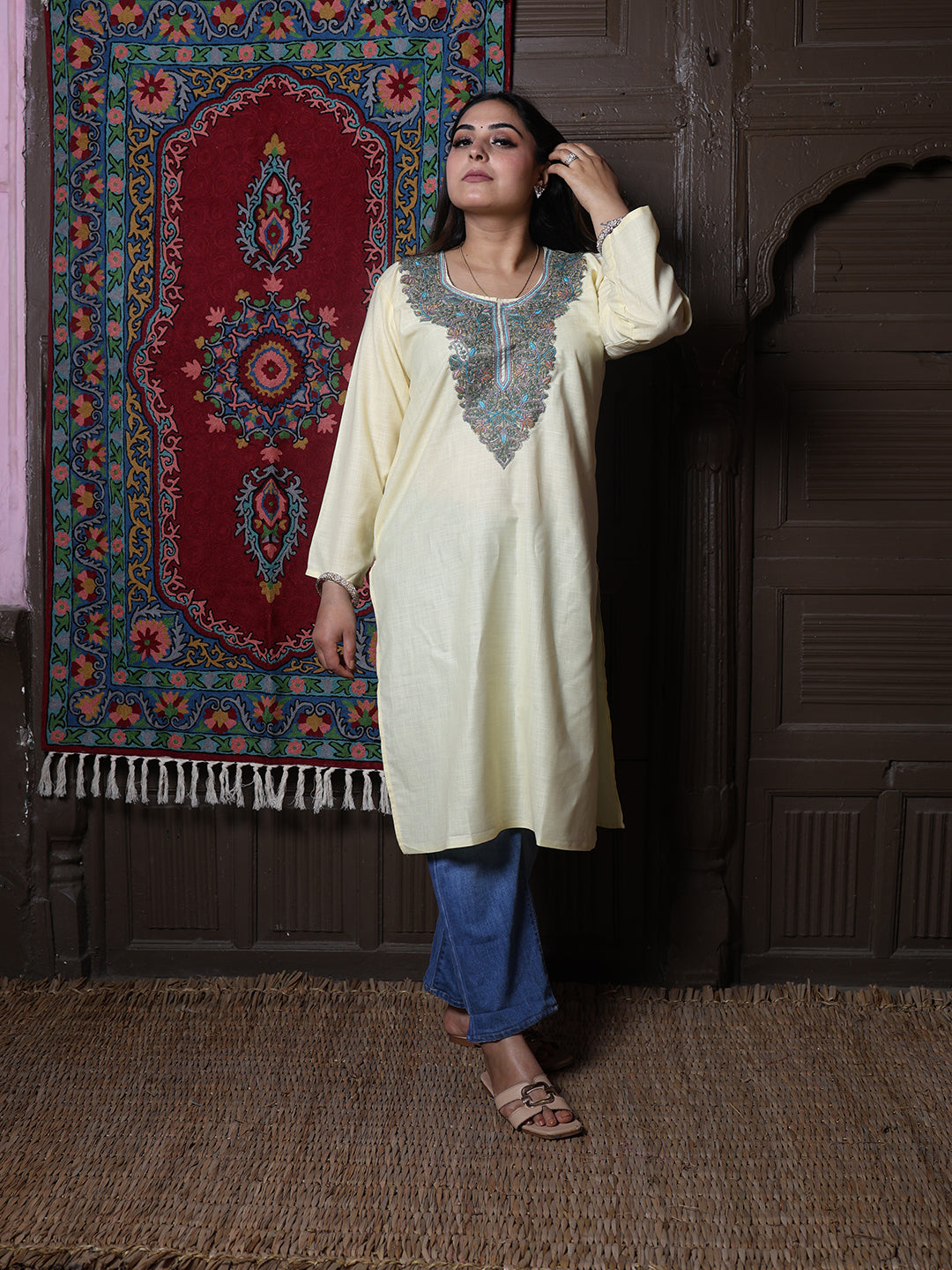 Butter Yellow Teal Aari Embroidered Kashmiri Cotton Kurti