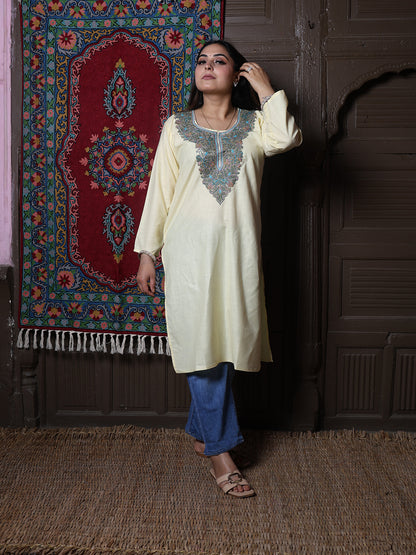 Butter Yellow Teal Aari Embroidered Kashmiri Cotton Kurti