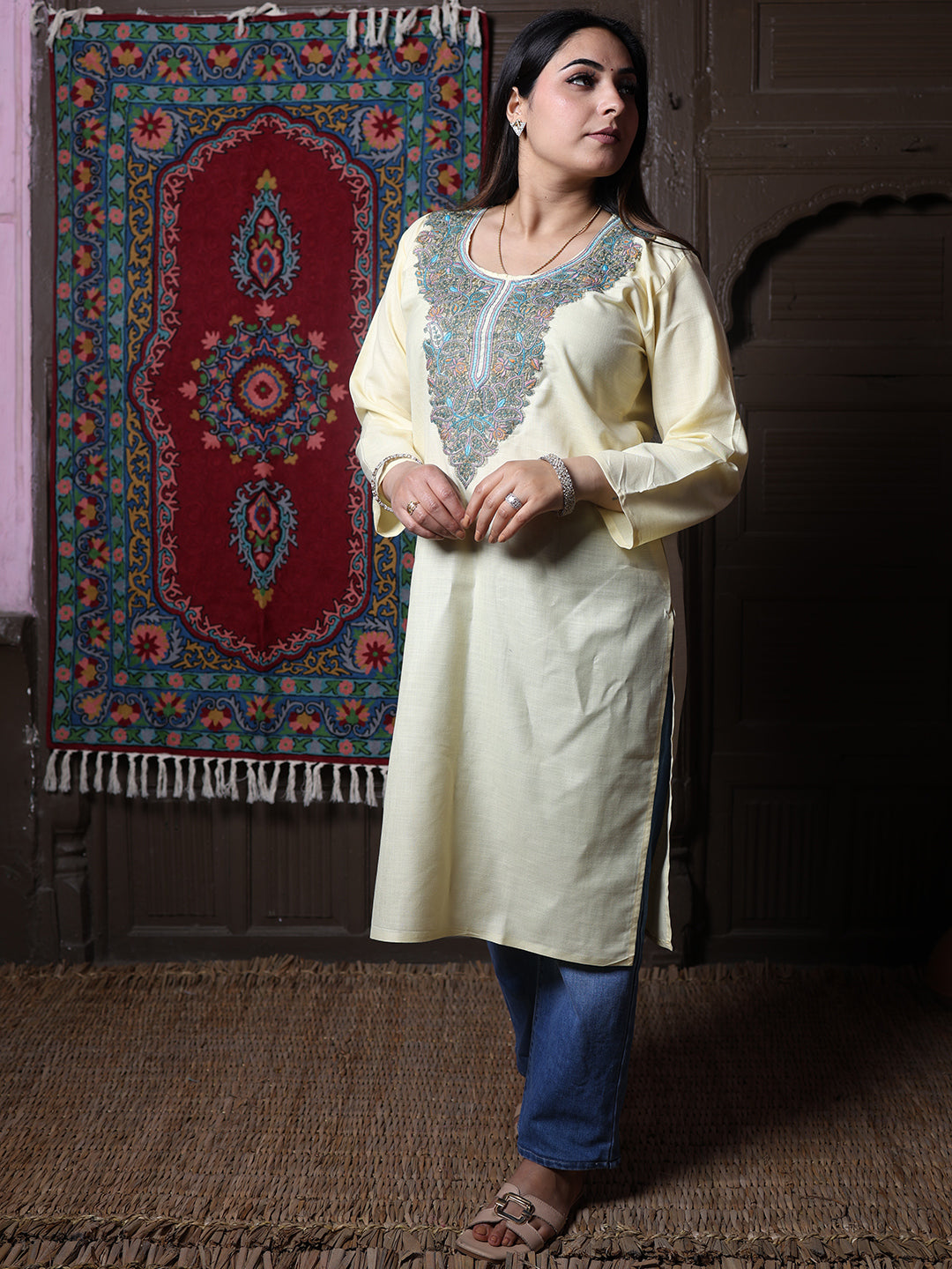 Butter Yellow Teal Aari Embroidered Kashmiri Cotton Kurti