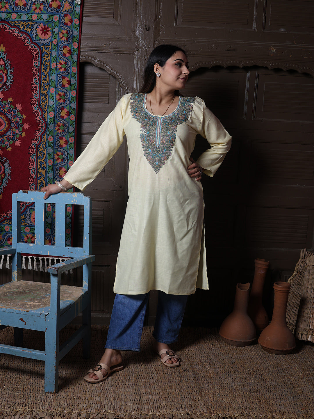 Butter Yellow Teal Aari Embroidered Kashmiri Cotton Kurti