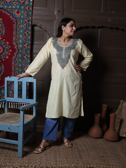 Butter Yellow Teal Aari Embroidered Kashmiri Cotton Kurti