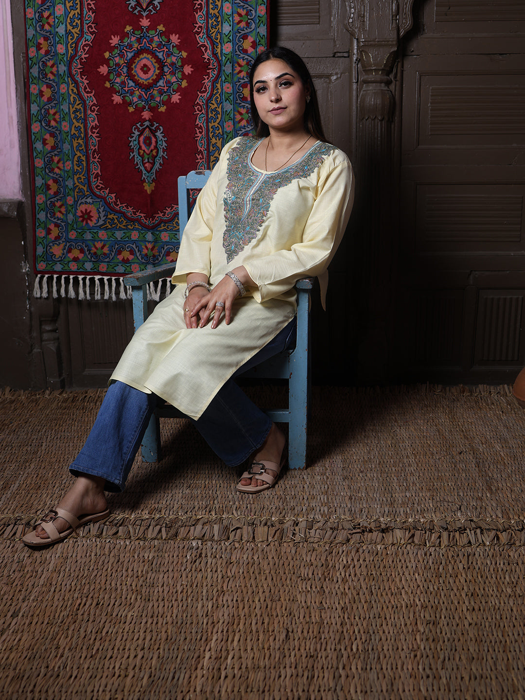 Butter Yellow Teal Aari Embroidered Kashmiri Cotton Kurti