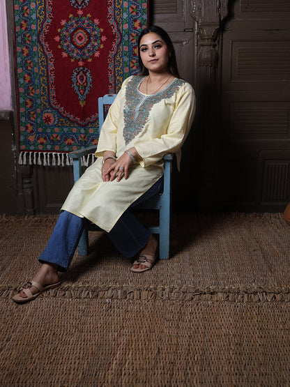 Butter Yellow Teal Aari Embroidered Kashmiri Cotton Kurti