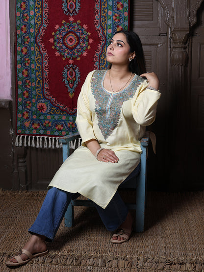 Butter Yellow Teal Aari Embroidered Kashmiri Cotton Kurti