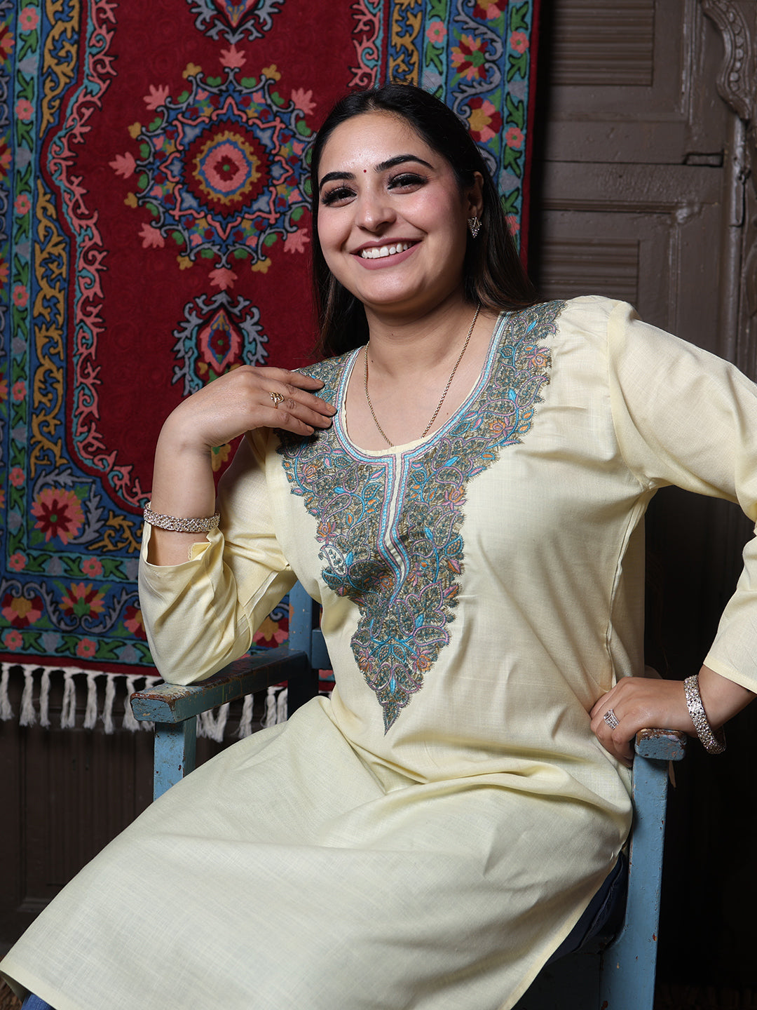 Butter Yellow Teal Aari Embroidered Kashmiri Cotton Kurti