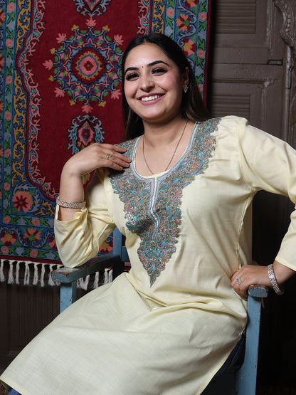 Butter Yellow Teal Aari Embroidered Kashmiri Cotton Kurti