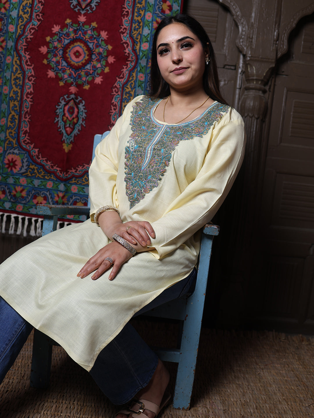 Butter Yellow Teal Aari Embroidered Kashmiri Cotton Kurti