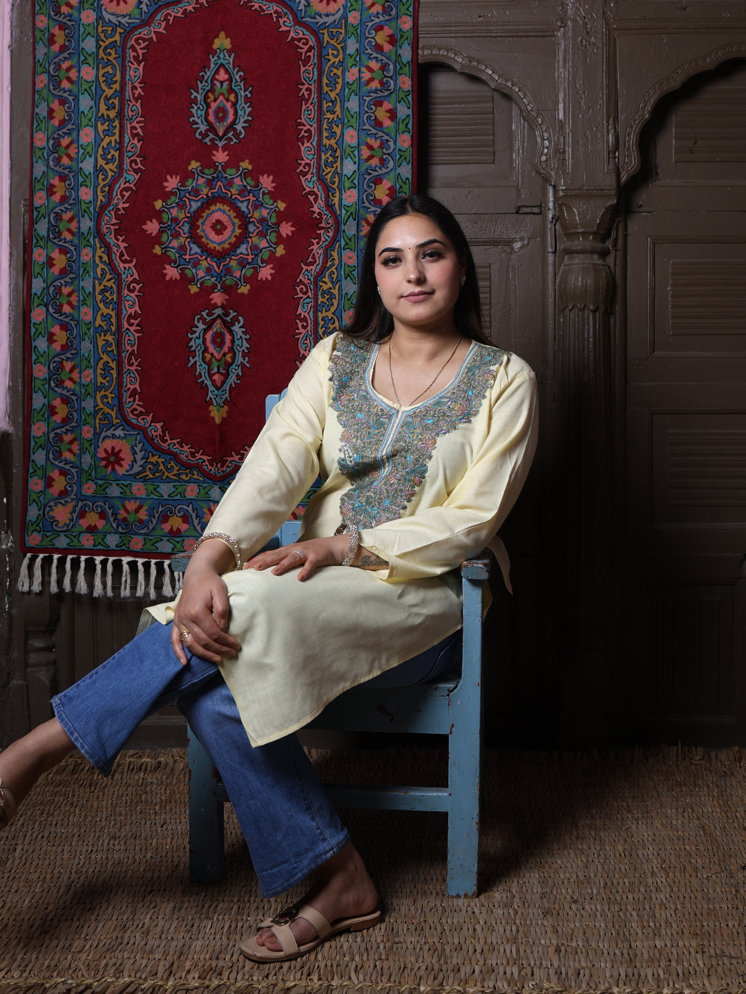 Butter Yellow Teal Aari Embroidered Kashmiri Cotton Kurti