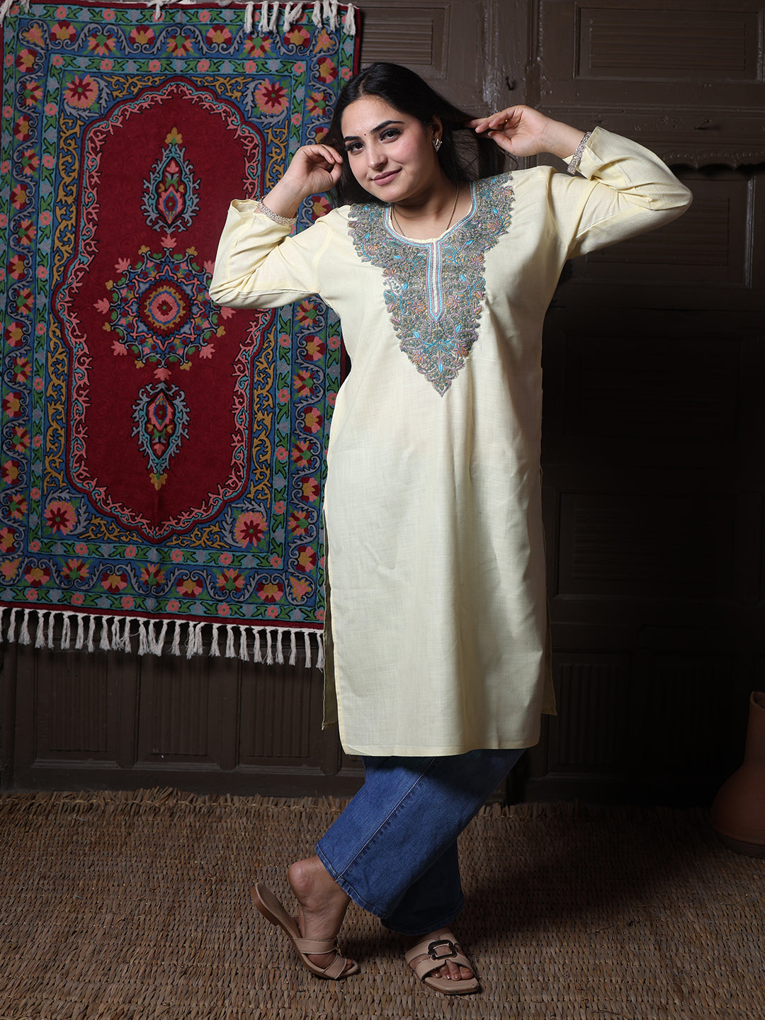 Butter Yellow Teal Aari Embroidered Kashmiri Cotton Kurti