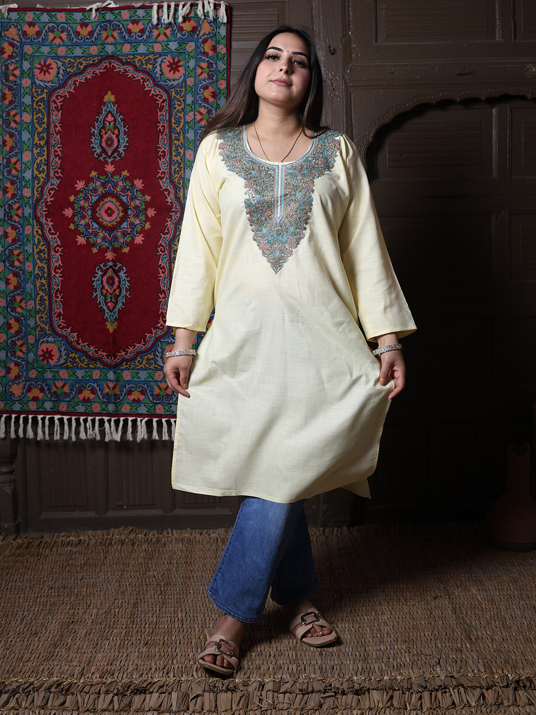 Butter Yellow Teal Aari Embroidered Kashmiri Cotton Kurti