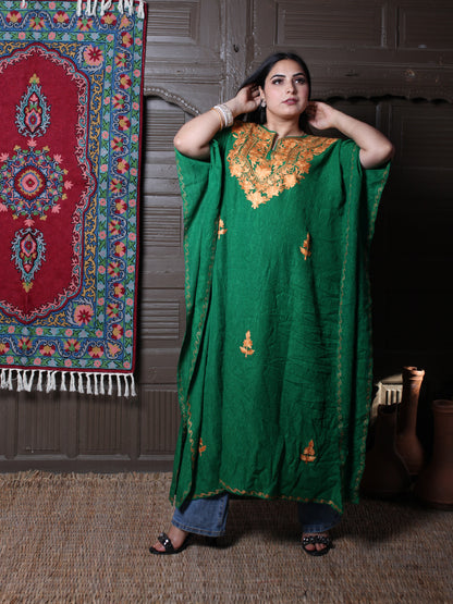 Emerald Green Crushed Cotton Kaftan with Amber Aari