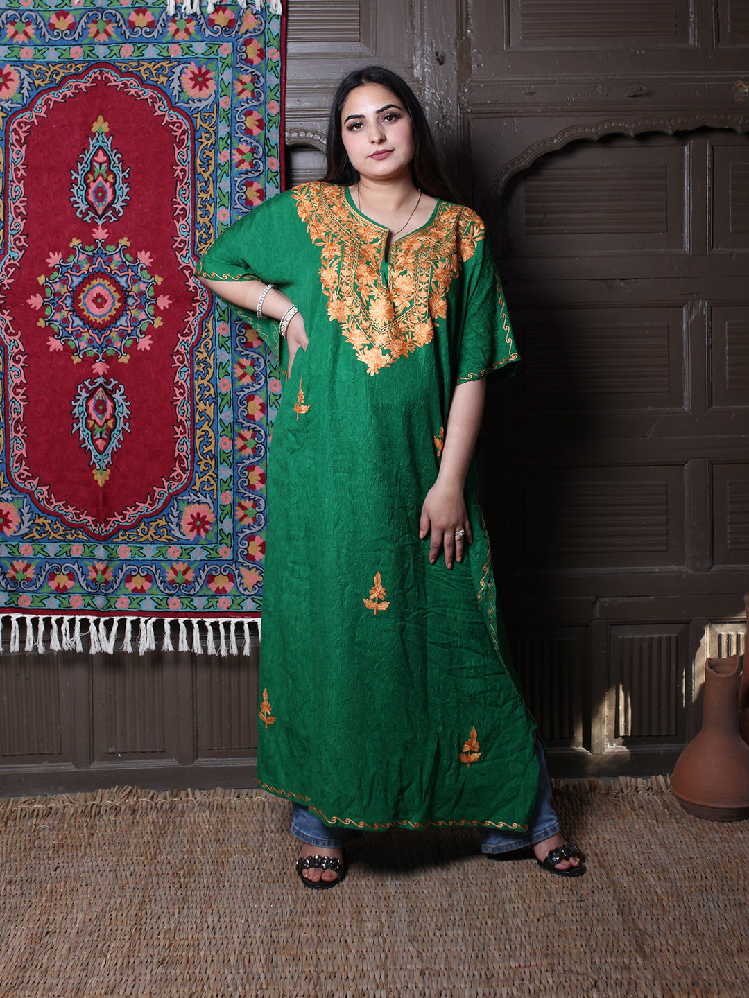 Emerald Green Crushed Cotton Kaftan with Amber Aari