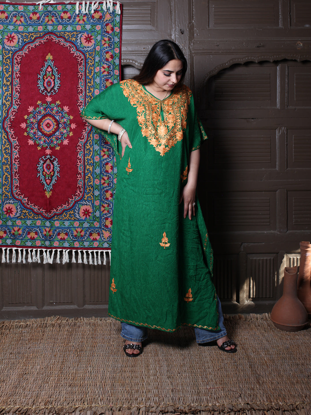 Emerald Green Crushed Cotton Kaftan with Amber Aari
