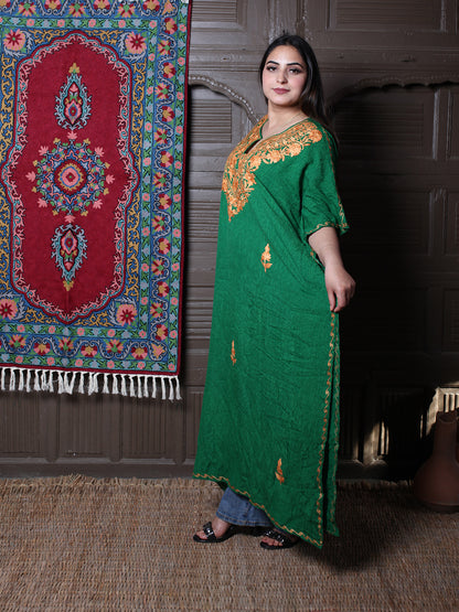 Emerald Green Crushed Cotton Kaftan with Amber Aari