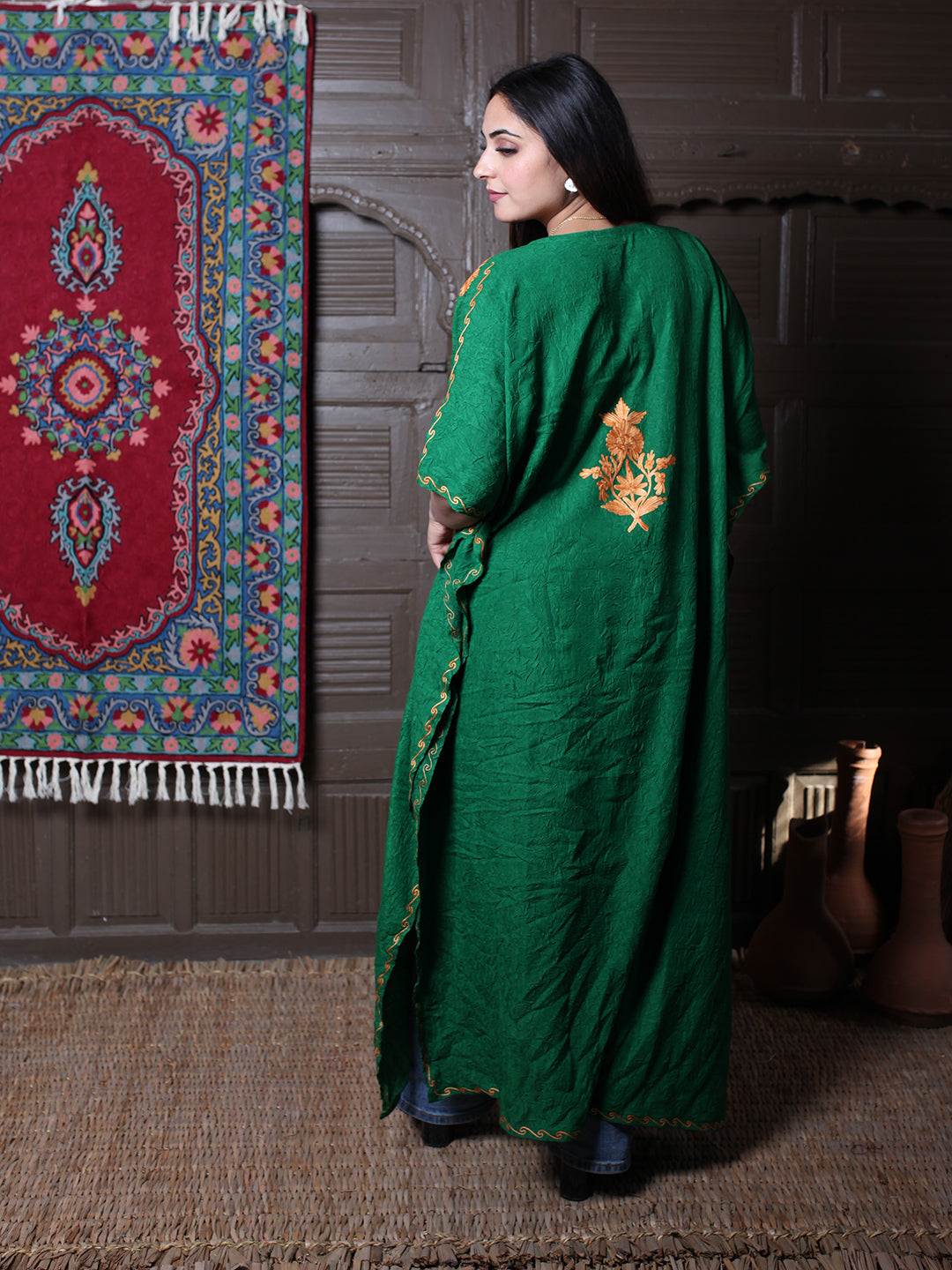 Emerald Green Crushed Cotton Kaftan with Amber Aari