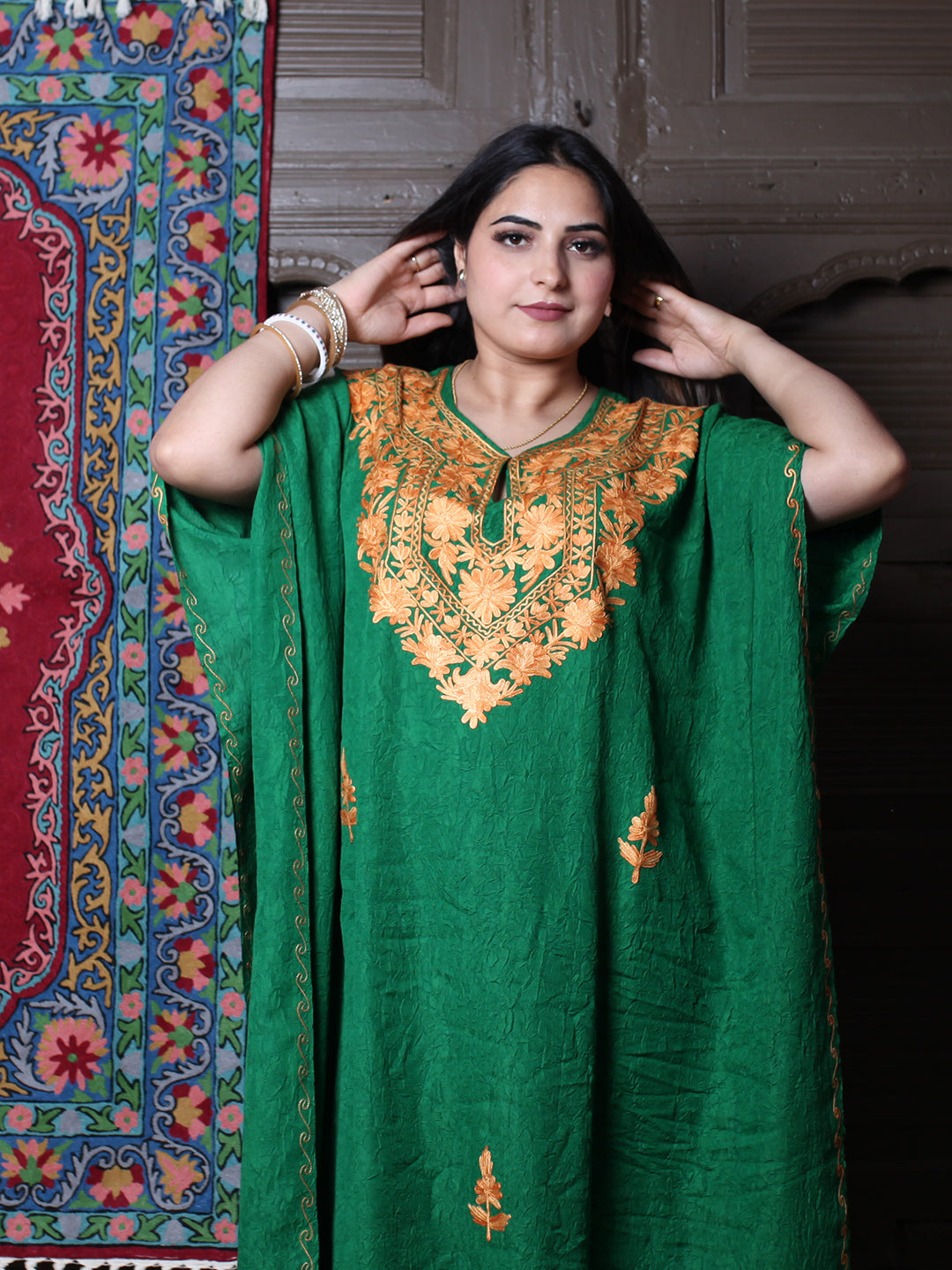 Emerald Green Crushed Cotton Kaftan with Amber Aari