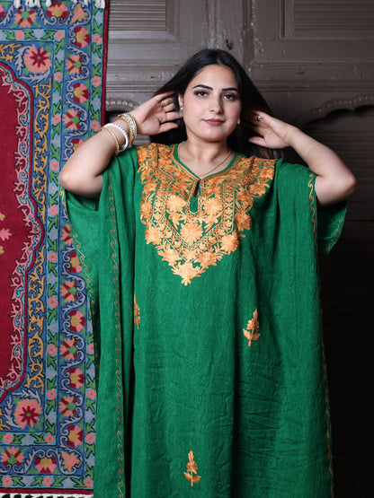 Emerald Green Crushed Cotton Kaftan with Amber Aari