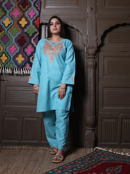 Sky Blue Golden Tilla Embroidered Kashmiri Cotton Co-Ord Set