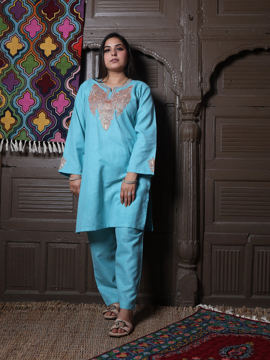 Sky Blue Golden Tilla Embroidered Kashmiri Cotton Co-Ord Set