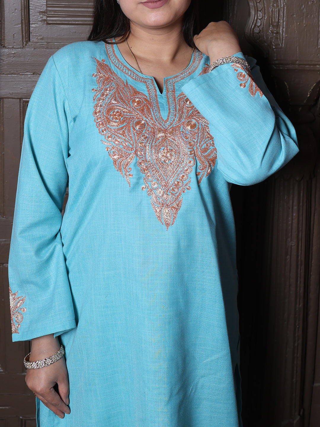 Sky Blue Golden Tilla Embroidered Kashmiri Cotton Co-Ord Set