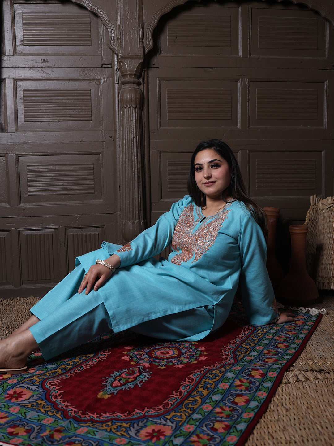 Sky Blue Golden Tilla Embroidered Kashmiri Cotton Co-Ord Set