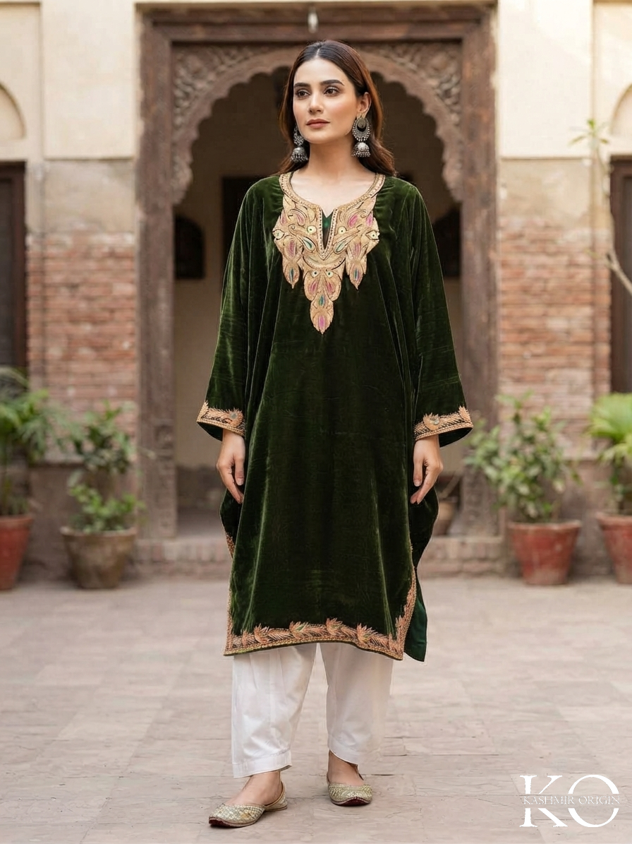 Gold Tilla embroidery on green velvet Kashmiri pheran