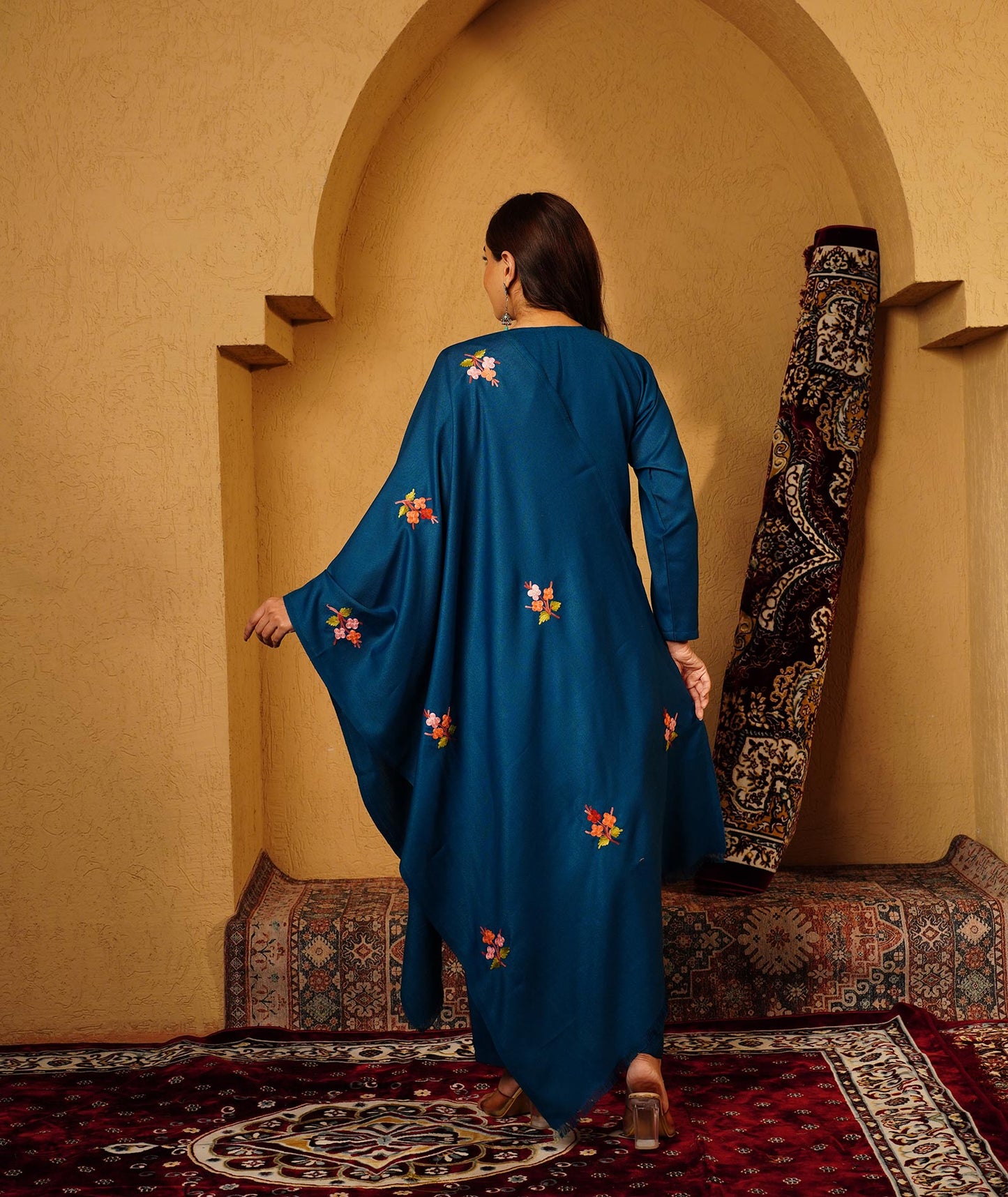 Midnight Blue Aari Embroidered Woolen Suit With Shawl
