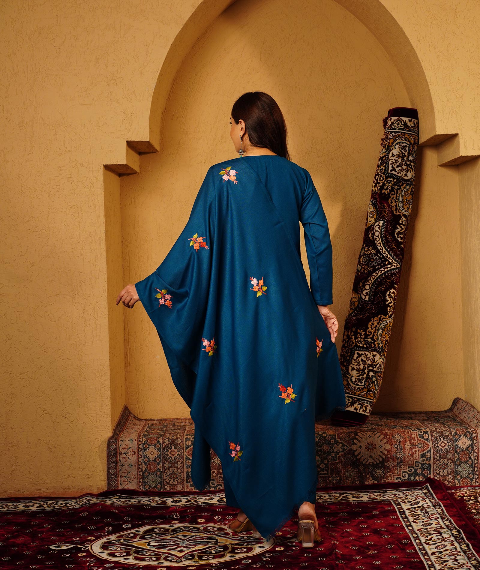 Midnight Blue Aari Embroidered Woolen Suit With Shawl